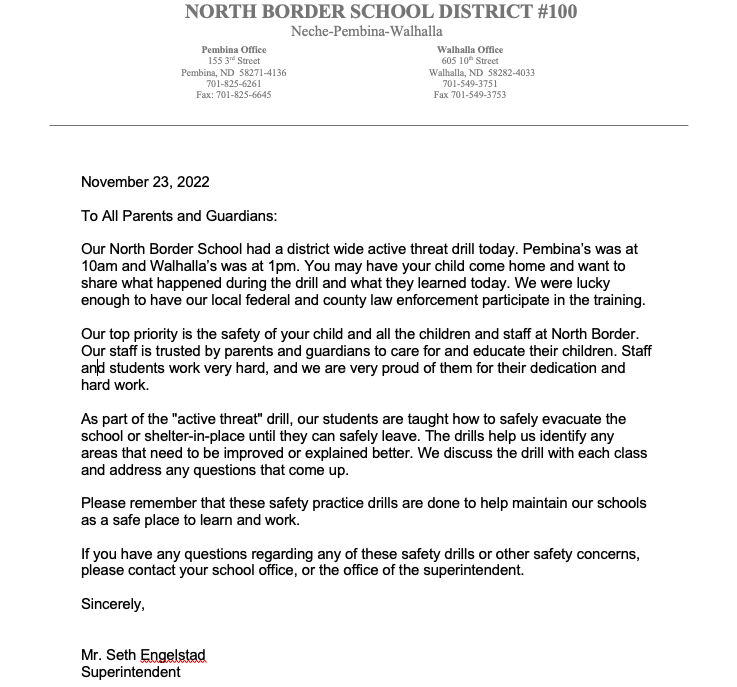 Letter about today's active threat drill. 