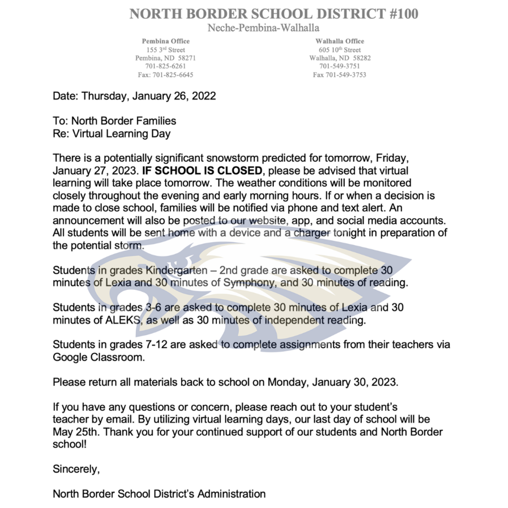 Please read the letter from NB regarding possibility of virtual learning Friday, January 27, 2023