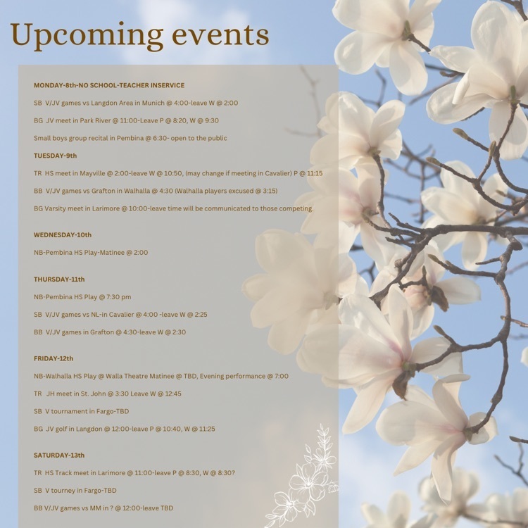 Upcoming events for the week of May 8-13. As always, the schedule is subject to change. 