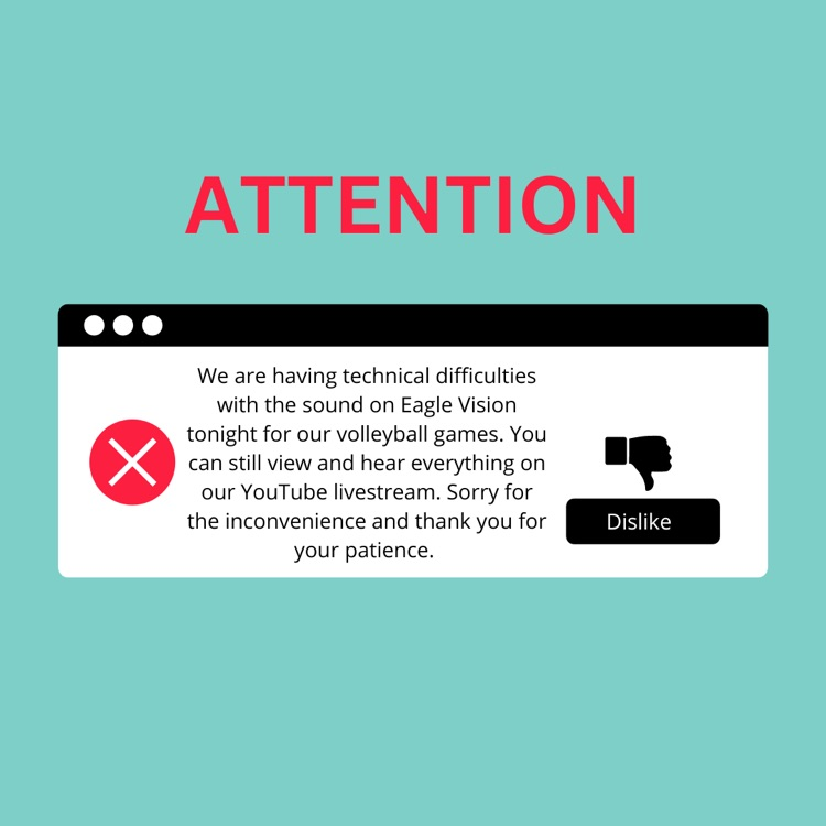We are having technical difficulties with the sound on Eagle Vision tonight for our volleyball games. You can still view and hear everything on our YouTube livestream. Sorry for the inconvenience and thank you for your patience. 