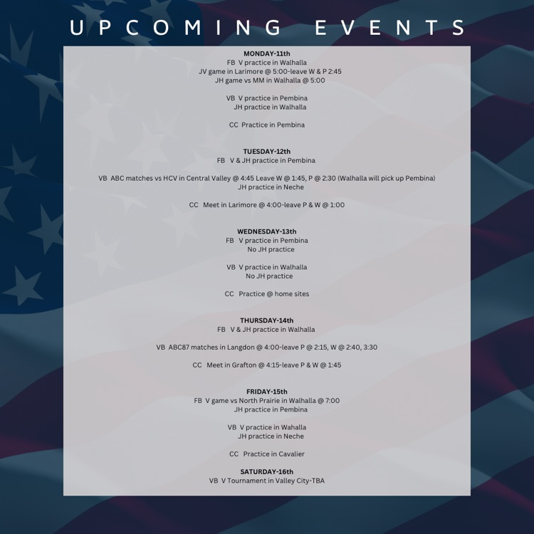 Upcoming events for Sept 11-16th. 